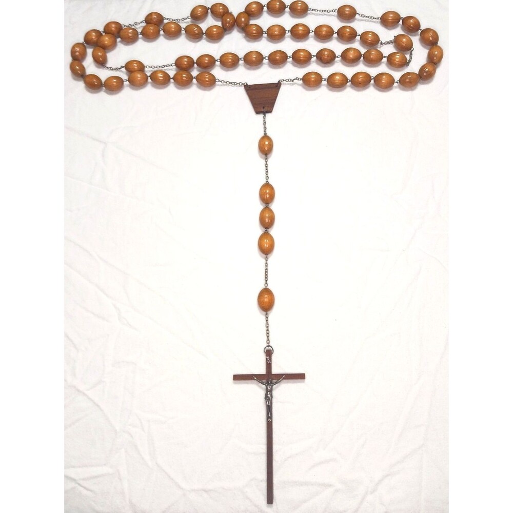 Vtg Olive Wood Religious Cross Crucifix Rosary Wall Hanging Priest Monk Beads - Picture 4 of 5